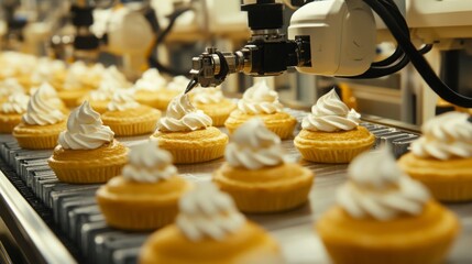Leinwandbilder - Cupcakes are moving along an automated production line in a food manufacturing facility.