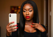© Patrick - Woman, phone and selfie with portrait, beauty and makeup for social media, communication and technology. African, black and looking with mobile, cellphone and online for network and fashion