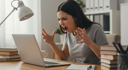 woman, laptop and computer with stress, anger and frustration for work, deadline and pressure. perso