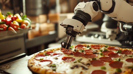 Leinwandbilder - A robotic arm skillfully places toppings on a freshly made pizza in a bustling food production line. Colorful vegetables and herbs are nearby, creating an efficient culinary process.