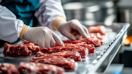 Aufkleber - Workers in a food production facility methodically prepare cuts of meat while wearing gloves. The setting showcases a clean and organized workspace focused on food handling in an industrial kitchen.