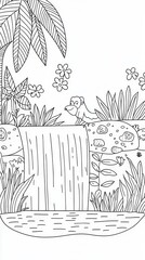 Wall Mural - A lively jungle-themed coloring book scene featuring a waterfall cascading into a pool, monkeys swinging from vines, and exotic birds perched on branches. Add lush greenery, flowers, and intricate 