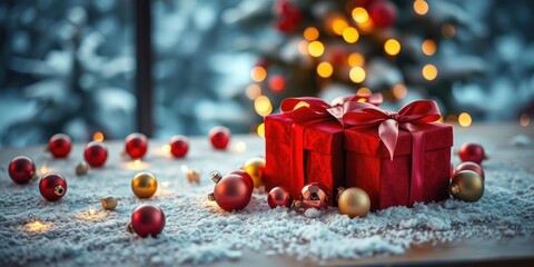 Wall Mural - Festive Red Gifts Resting on Snowy Surface with Ornaments and Blurred Sparkling Tree in Background