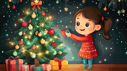 A cute girl decorating Christmas tree at home