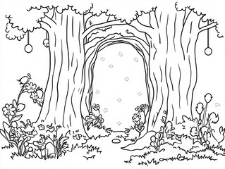 Canvas Print - A magical woodland scene for a coloring book with a glowing portal between two ancient trees, tiny magical creatures peeking out, and flowers blooming in intricate patterns. Add sparkling lights 