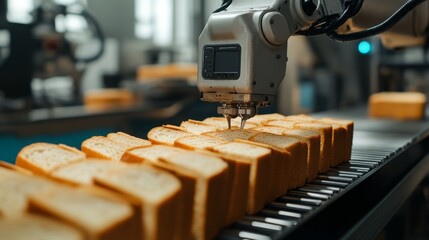 Aufkleber - Robots precisely apply toppings to slices of bread on a production line in a modern facility. This innovative process streamlines food manufacturing and ensures consistent product quality.