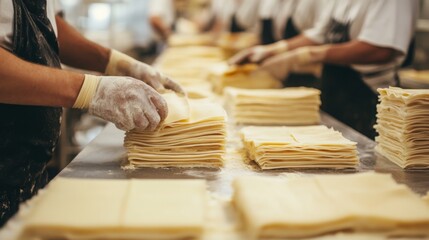 Poster - Workers are assembling layers of dough in a busy food production facility.