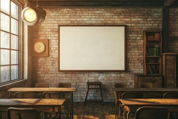 Canvas Print - Vintage Classroom Setting With Blank Poster And Wooden Desks