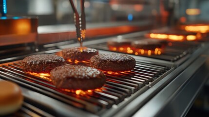 Leinwandbilder - In a bustling kitchen, ai technology controls a food production line where burgers are grilled to perfection. The setup enhances speed and quality while maintaining consistency in cooking.