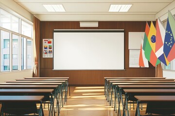 Canvas Print - Empty Classroom With Blank Projector Screen And Flags