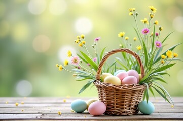 Wall Mural - Colorful easter eggs in wicker basket with spring flowers on wooden table