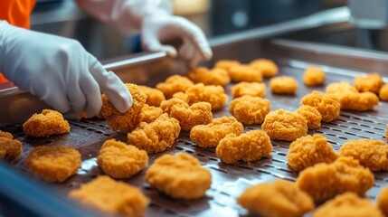 Aufkleber - In a bustling commercial kitchen, workers wearing gloves sort perfectly cooked food products on a conveyor belt. The automated production line enhances efficiency in food preparation and handling.