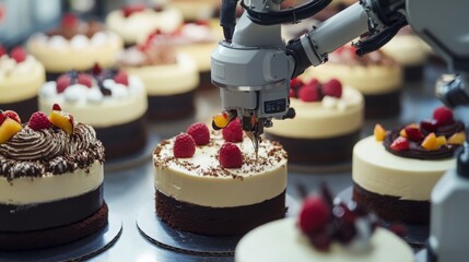 Poster - In a modern production facility, a robotic arm carefully adds fruit toppings to cakes on a conveyor belt. The automated system enhances efficiency in dessert preparation.