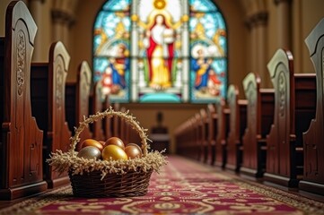 Basket of easter eggs in church aisle with stained glass backdrop