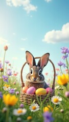 Wall Mural - Adorable bunny with easter eggs in spring meadow