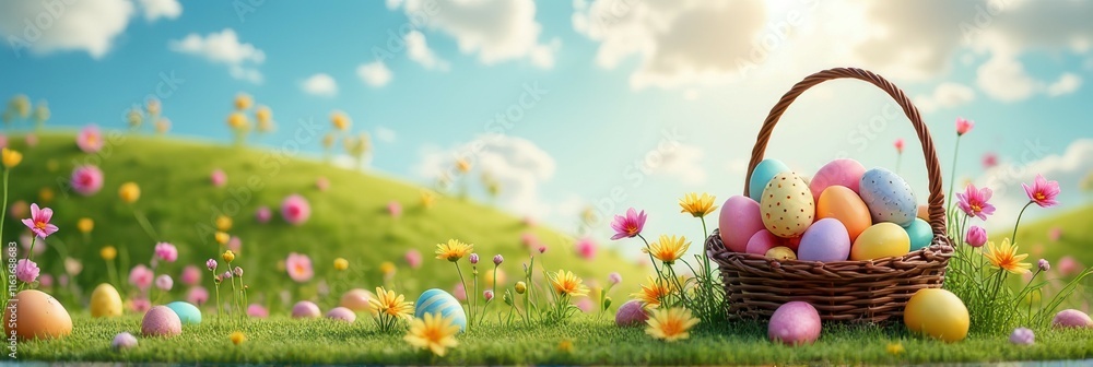 Colorful easter egg basket in vibrant spring meadow under sunny sky ...