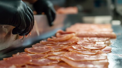 Aufkleber - Operators use advanced machinery and AI technology to slice and package meat efficiently on a production line. The process ensures precision, speed, and high-quality output for food distribution.