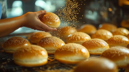 Aufkleber - Workers are busy at a food production line where freshly baked hamburger buns are being prepared. One person adds sesame seeds to the top of the golden buns before packaging.