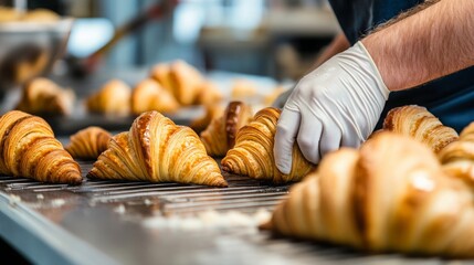 Poster - Skilled workers in a bakery are assembling and preparing freshly baked croissants on a production line. The process showcases the precision and care taken in food production.