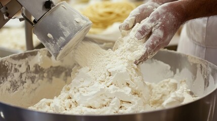 Poster - A worker pours flour into a large industrial mixer as part of the food production process in a busy bakery. The environment is filled with baking ingredients and equipment.
