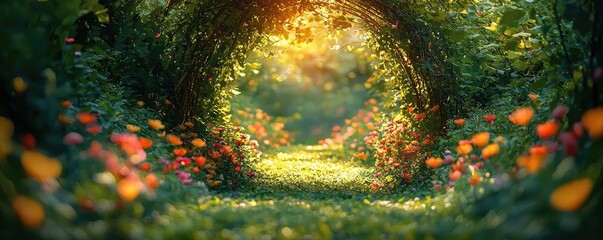 Wall Mural - Mystical wild idea. A serene path through a vibrant garden filled with blooming flowers and soft sunlight.