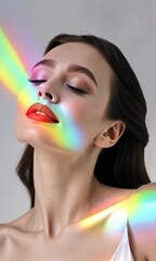 Wall Mural - A woman is posing for a photo with a rainbow background. The photo has a dreamy, ethereal quality to it, with the woman's face and the rainbow creating a sense of wonder and magic