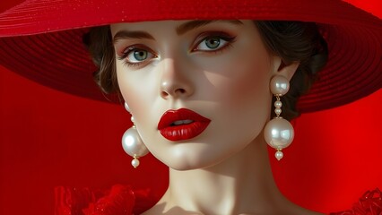 detailed portrait of a women in make up wearing a red hat and jewelry 