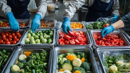 Poster - Workers in gloves are skillfully sorting and assembling a variety of fresh vegetables on a food production line. The area is organized with trays filled with vibrant produce ready for cooking.