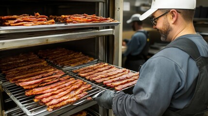 Poster - In a food production facility, a worker carefully organizes trays of freshly cooked bacon on racks. The efficient environment highlights the meticulous process involved in bacon manufacturing.