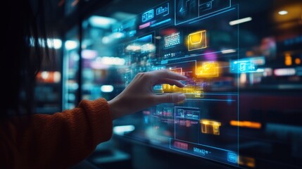 Futuristic Interface: Woman Interacting with a Holographic Display