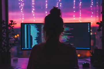 programmer woman coding on computer, generative ai