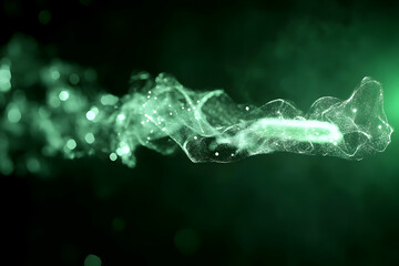 Wall Mural - Abstract green smoke trail with glowing particles on dark background.