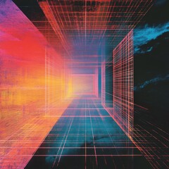 Abstract colorful grid tunnel, digital art.