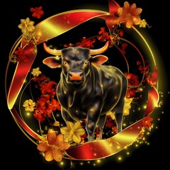 Majestic Bull in Festive Glory: A powerful black bull stands majestically amidst vibrant red and gold ribbons and flowers.