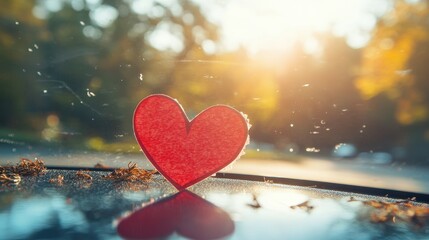 Red Paper heart on the windshield of the car under the brush,red card for love in valentine day,romantic of a declaration of love or holiday Valentine Day concept.