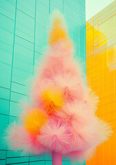 Wall Mural - A pastel-colored Christmas tree with golden accents showcased against a futuristic urban backdrop. A festive scene with architectural elegance.