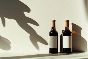 Wall Mural - Elegant wine bottles cast intriguing shadows, highlighting minim