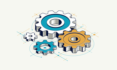 Invention renovation and development concept, gears and cogs with cad engineering drawing isometric 3D vector illustration, technology theme, machinery and engine creation.