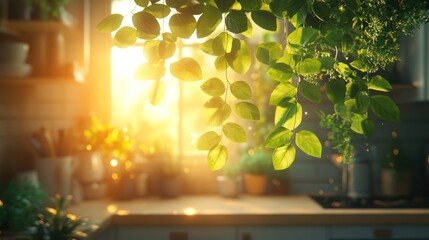 Sunlit kitchen with vibrant green plants and bokeh.