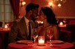 © Artem Zatsepilin - young hispanic couple shares intimate Valentine's Day dinner at warmly lit table at cozy restaurant. romantic holiday greeting card.
