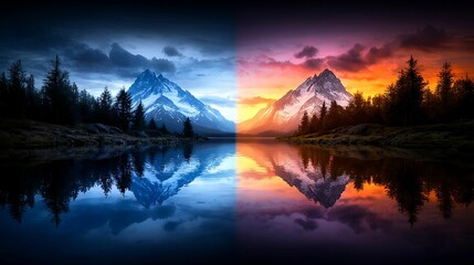 Wall Mural - Mural wall public concept, A stunning landscape showcasing majestic mountains reflected in a serene lake, split between cool blue and warm orange hues at sunset.