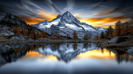 Wall Mural - mural wall public concept, a stunning mountain landscape at sunset, featuring snow-capped peaks and 