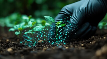 Gloved hand planting seedling with digital growth overlay.