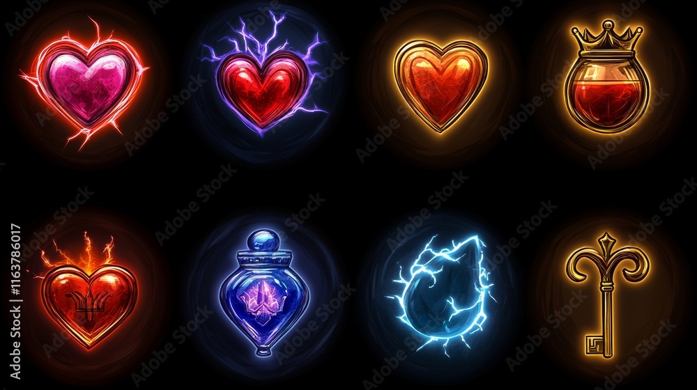 Game icons with heart, lightning, key, crown, gold cup and star. Vector ...