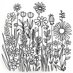 Sticker - Black and white thread sketches of All kinds of little daisies and flowers and grasses, Generative ai