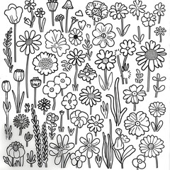 Sticker - Black and white thread sketches of All kinds of little daisies and flowers and grasses, Generative ai