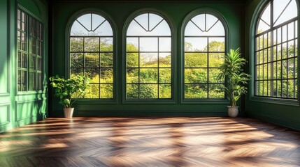 Wall Mural - A bright green room with large windows showcasing a lush outdoor landscape.