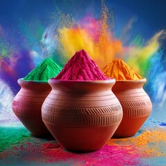 Indian festival happy holi, colorful holi powder or gulal in group of pots on colourfully splash background