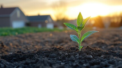 Wall Mural - Young plant growing in soil at sunset with houses in background.