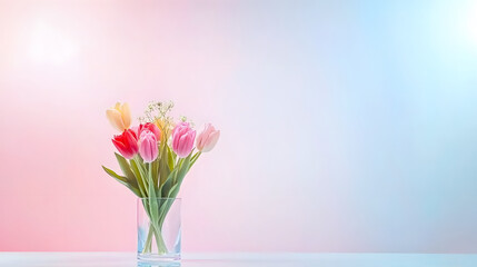 Wall Mural - vibrant bouquet of red and pink tulips clear glass vase, brightening any space with their cheerful colors and fresh appearance